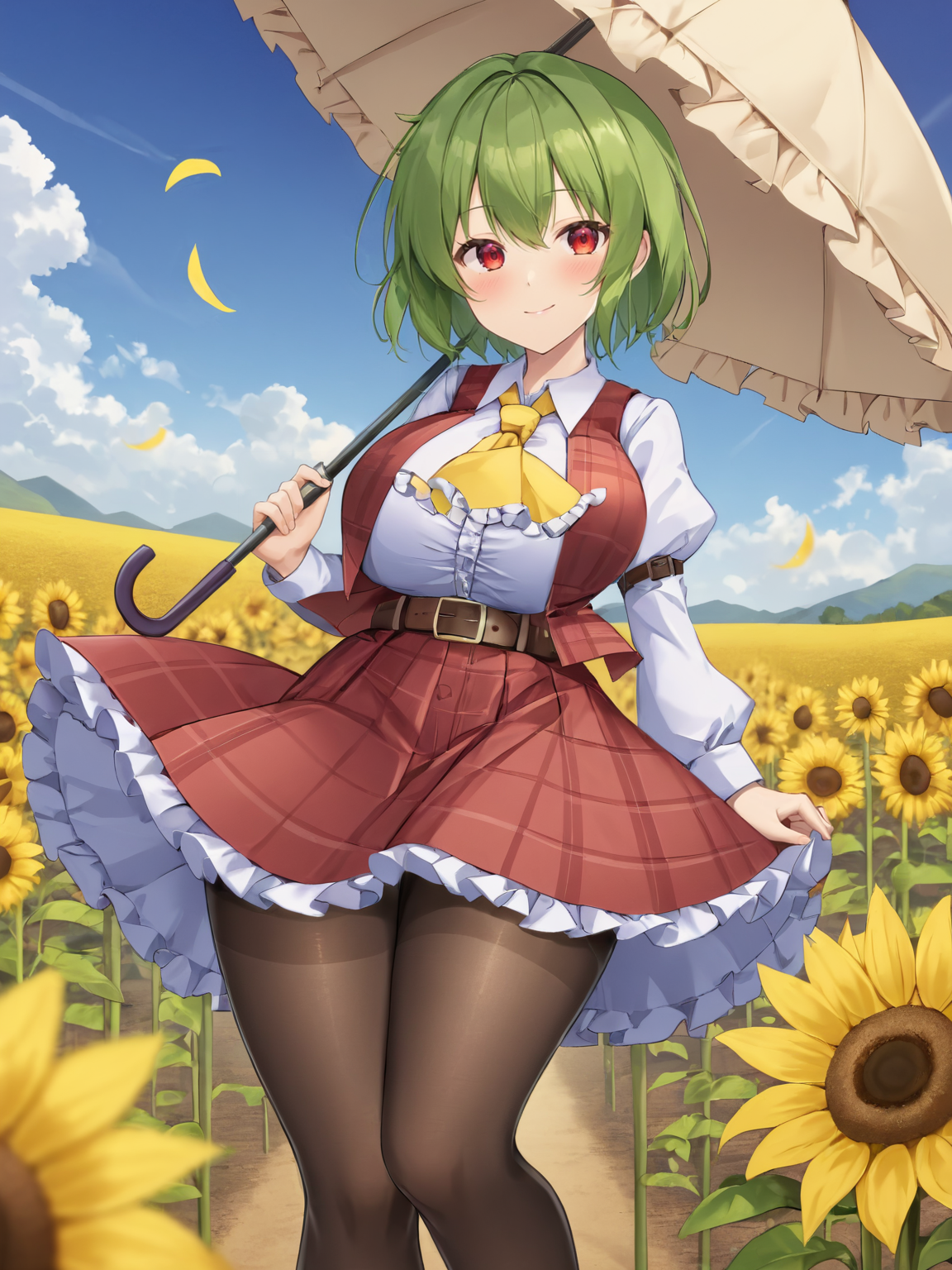 04077-2509050945-kazami yuuka,1girl, solo, long_sleeves, sunflower, holding_umbrella, smile, yellow_ascot, white_shirt, plaid_skirt, plaid_vest,.png